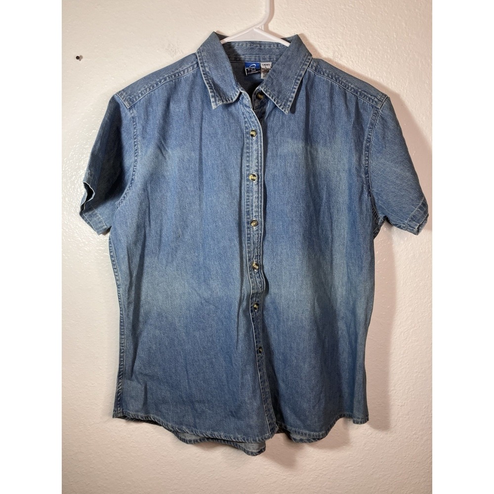 Port & Company Sun Faded Denim Ladies Large Short Sleeve Button Up 100% Cotton